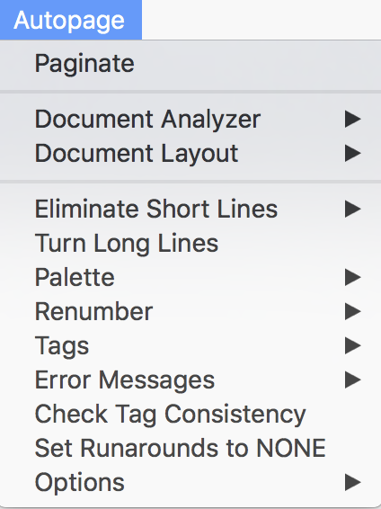 Autopage menu within QuarkXPress