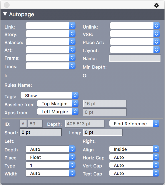 Autopage palette in QuarkXPress